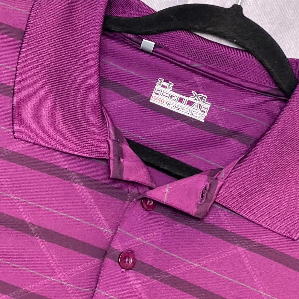 Under Armour Polo Shirt Mens XL Purple Excellent HeatGear Striped Golf Top